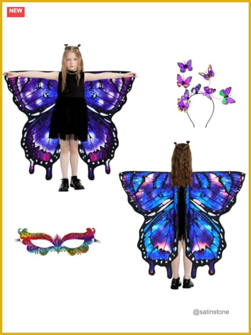 Kids Double Sided Butterfly Wings Costume Set 3PCS Fairy Pretend Play Halloween